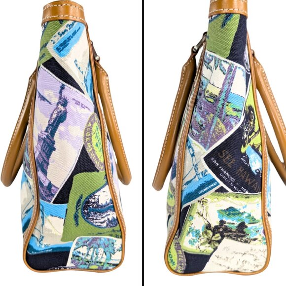 Talbots Canvas & Leather Travel Postcard Large Lined Tote Bag Novelty Passport - Picture 4 of 9